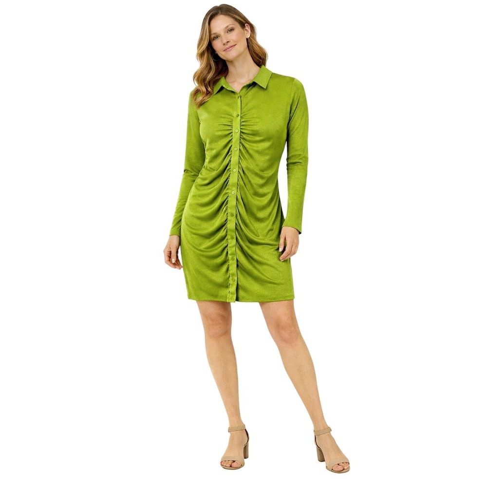 Ruched Button Front Dress Womens Large Lime Green Long Sleeve Mini Bodycon